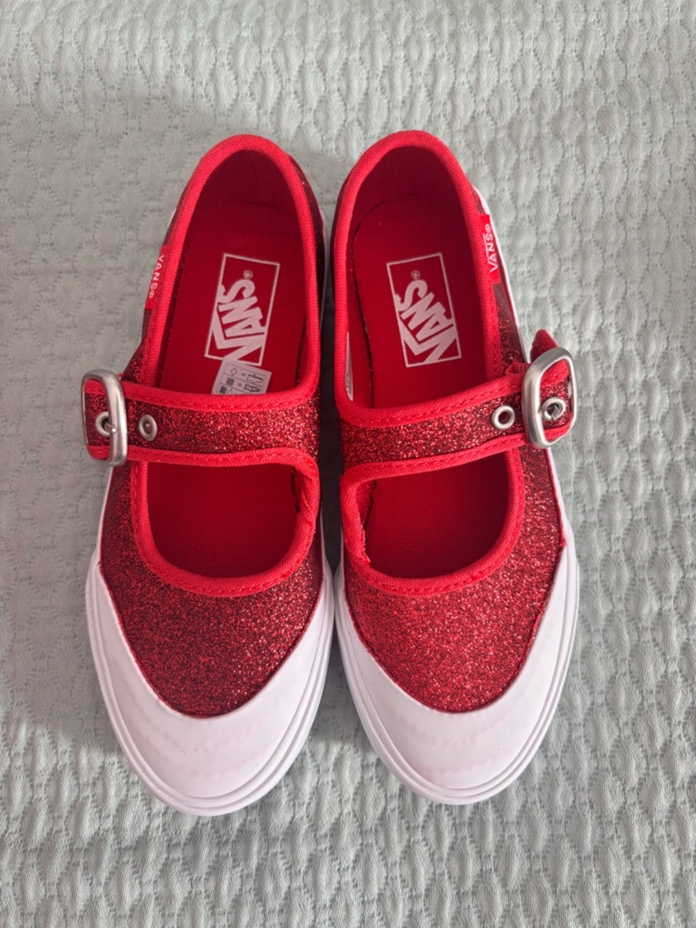 Vans Kids Red Glitter Mary Jane Sneakers with Buckle